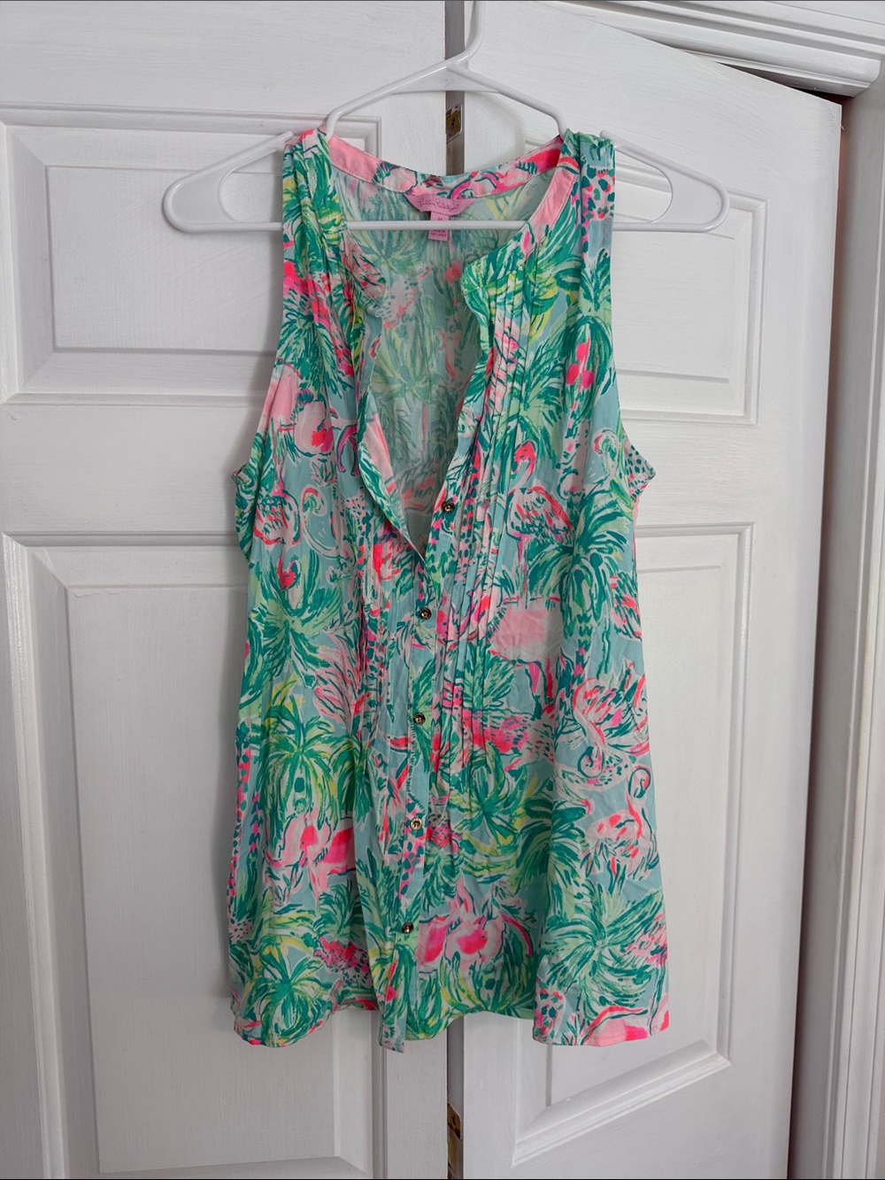 Lilly Pulitzer Tropical Flamingo Button-Front Camisole — Mint, Pink & Green